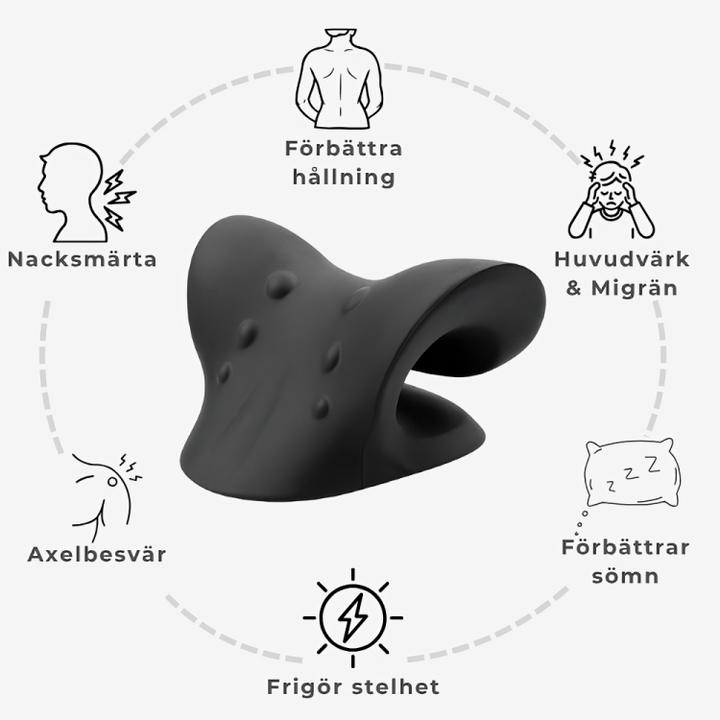 Bilde av en ergonomisk nakkestrekker som støtter nakken for lindring av stivhet og spenninger.
