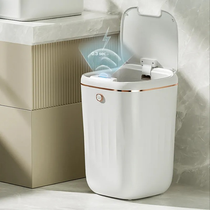 Berøringsfri søppelbøtte med smart sensor, ideell for hygienisk avfallshåndtering på kjøkkenet eller badet.