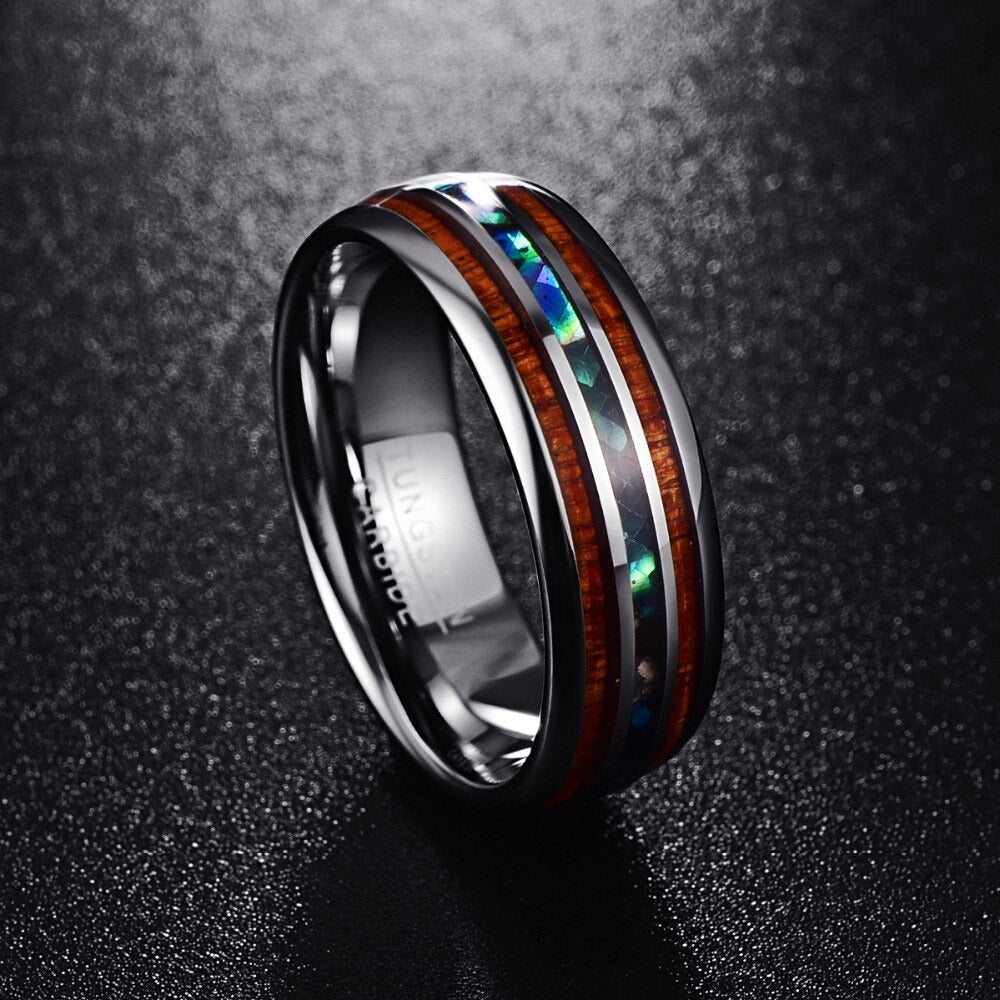 Unik natur ring for menn og kvinner, laget av Koa tre og skinnende abalone. Stilig smykke.
