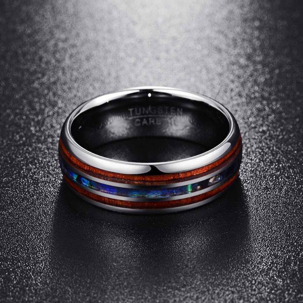 Unisex ring med hawaiisk Koa tre, glitrende abaloneinnlegg og wolframkarbid.