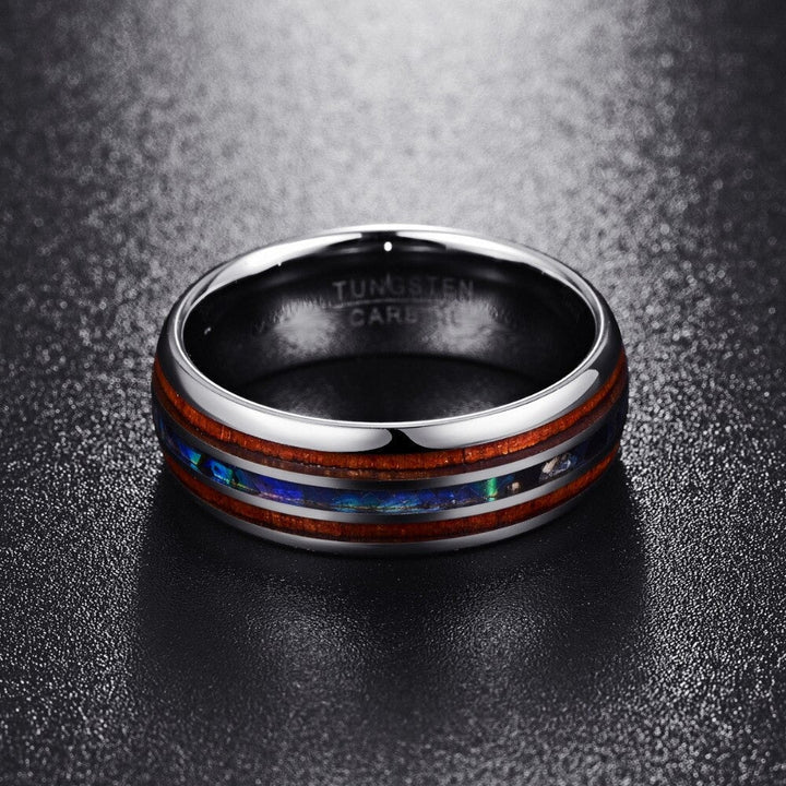 Unisex ring med hawaiisk Koa tre, glitrende abaloneinnlegg og wolframkarbid.