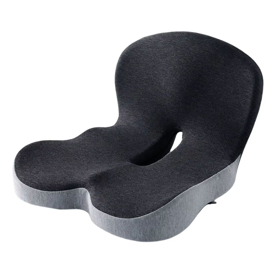 L-formet ergonomisk sittepute med ryggstøtte i memory foam for optimal sittkomfort i kontorstol.