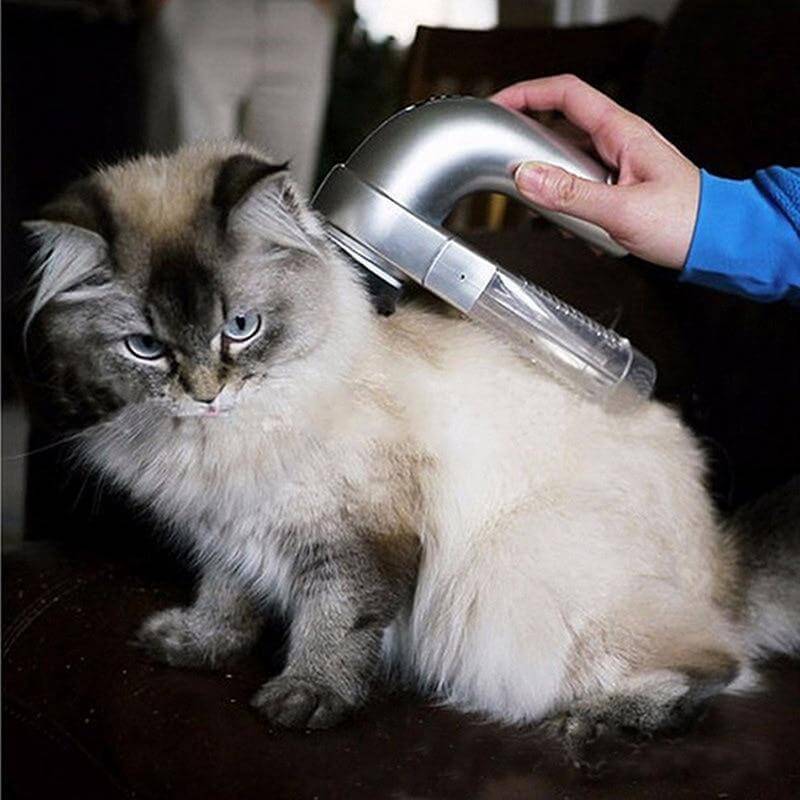 Trådløs pelspleiestøvsuger for hund og katt, vist med tilbehør for hårfjerning og massasje.