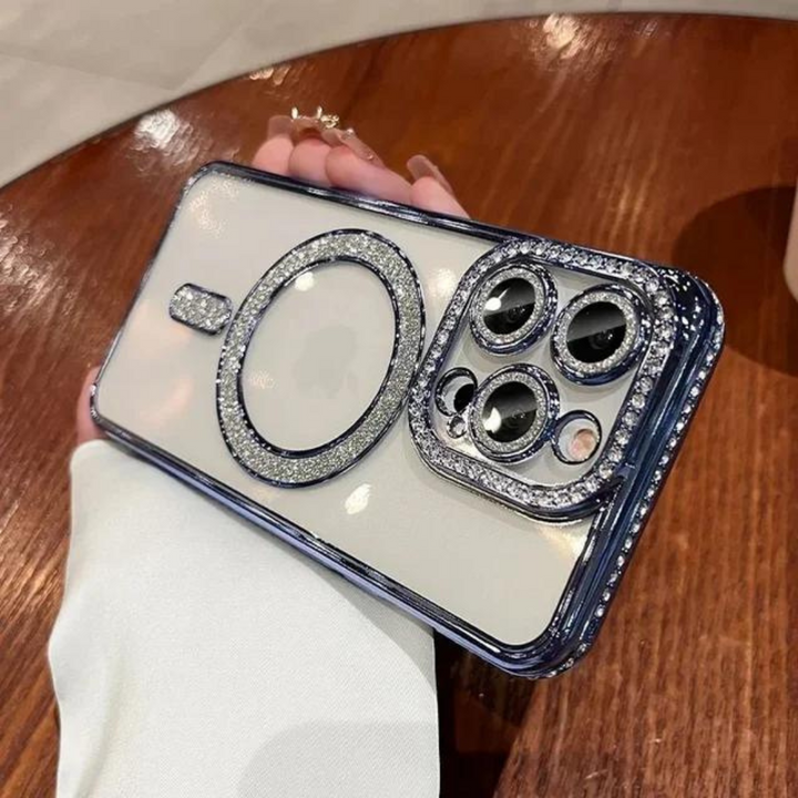 iPhone telefonveske med glitter og diamanter holdt i hånd, trendy motedeksel med luksus.