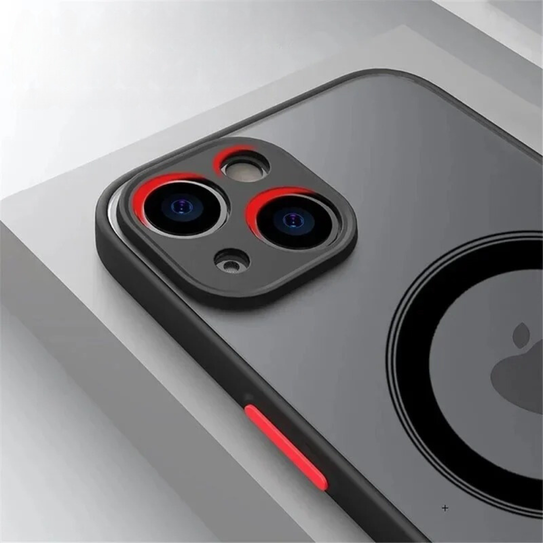Nærbilde av hjørne på magnetisk MagSafe iPhone etui. Viser forsterket støtbeskyttelse mot fall og støt.