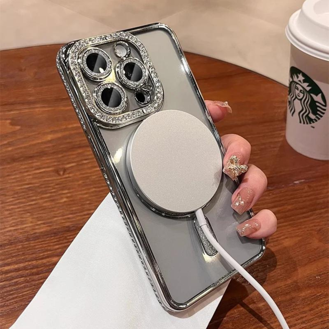 Skinnende sølvfarget diamant deksel til iPhone, glitrende telefonveske og motedeksel.