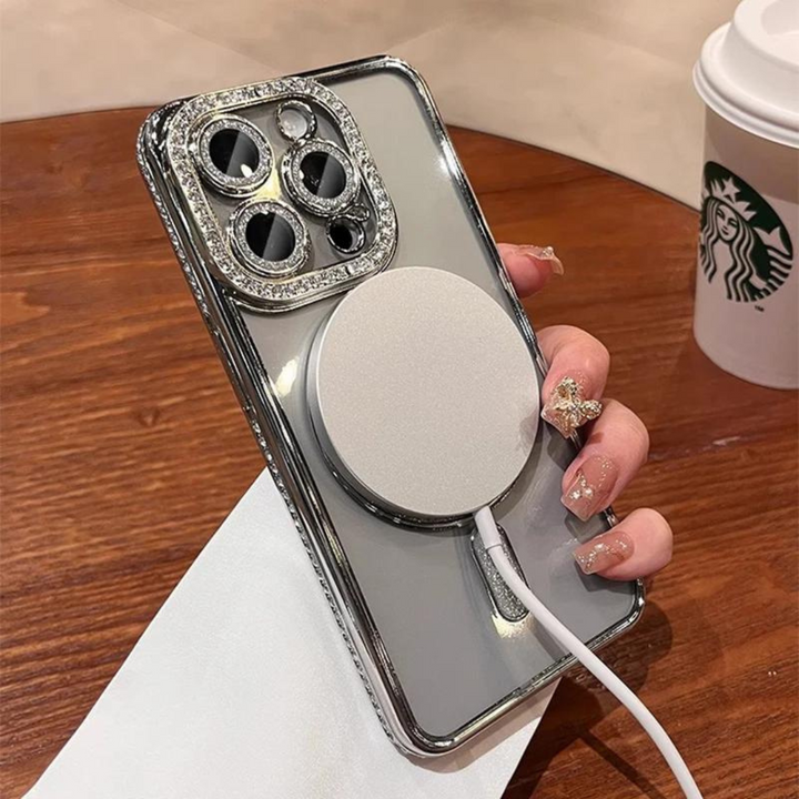 Skinnende sølvfarget diamant deksel til iPhone, glitrende telefonveske og motedeksel.