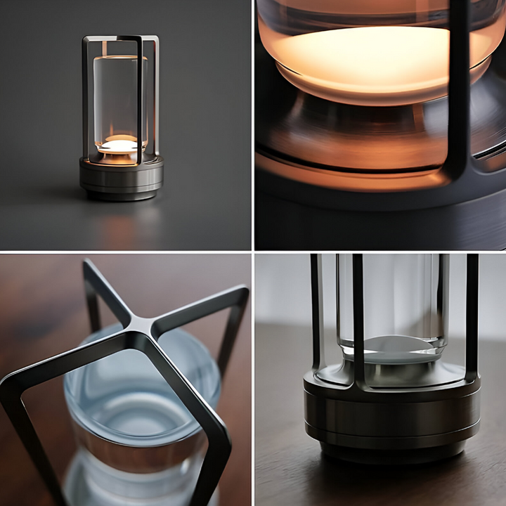 Oppladbar LED bordlampe i elegant design, vanntett og dimmbar, perfekt for moderne interiør og uterom.