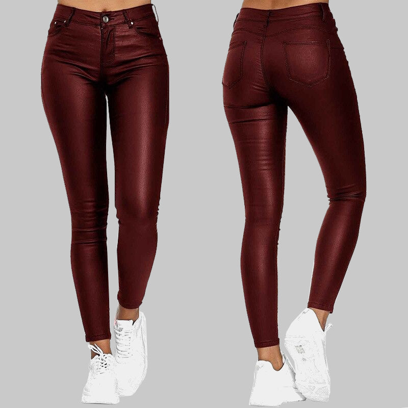 Blå slim fit kunstskinnbukser for damer med høy midje. Komfortabel stretch, allsidig for fest eller hverdag.