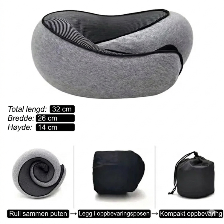 Komfortabel nakkestøtte i minneskum for voksne reisende. Ergonomisk pute for avslapning på turer.