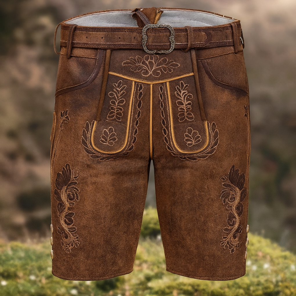 Tradisjonelle brune herre lærbukser med detaljert broderi, perfekt for folkedrakt, festantrekk eller temafest.