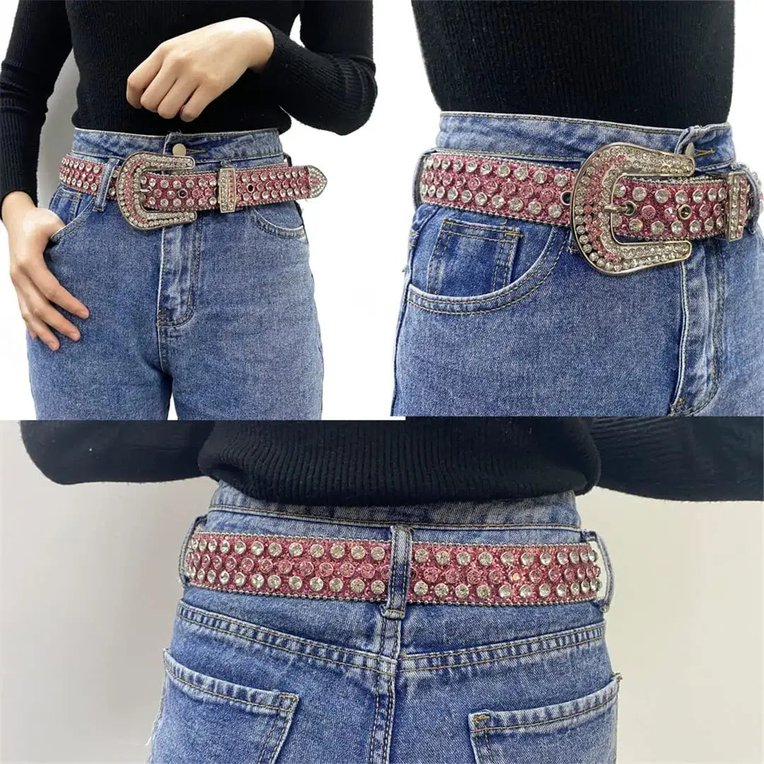 Vestlig diamantbelte for unisex, med glitrende krystaller og komfortabel skinnimitasjon.