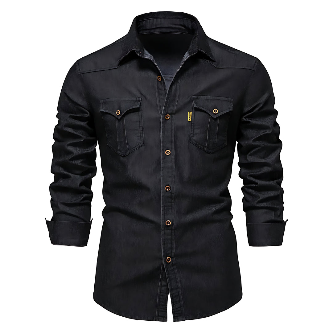 Stilig marineblå langermet denimskjorte i bomull for herre, perfekt for hverdag eller fest.