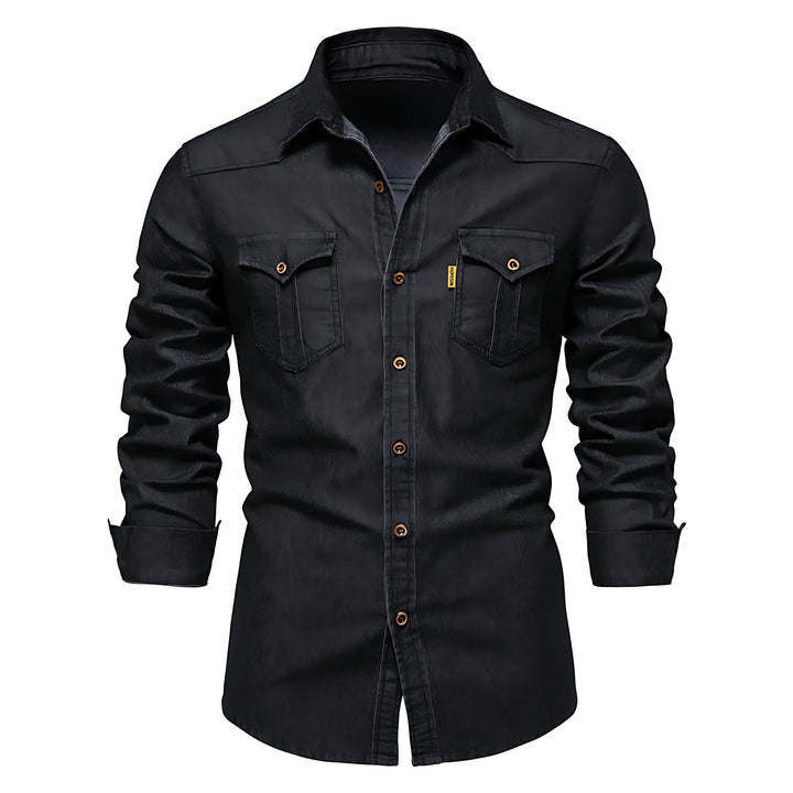 Stilig marineblå langermet denimskjorte i bomull for herre, perfekt for hverdag eller fest.