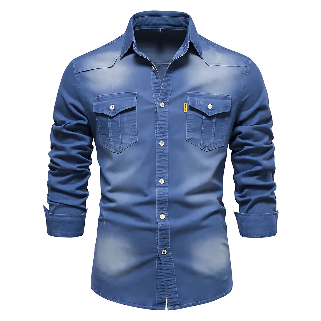 Motebevisst langermet denimskjorte til herre i blå eller svart, ideell for et moderne og komfortabelt antrekk.