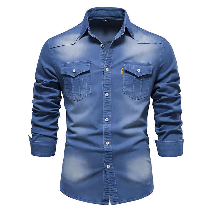 Motebevisst langermet denimskjorte til herre i blå eller svart, ideell for et moderne og komfortabelt antrekk.