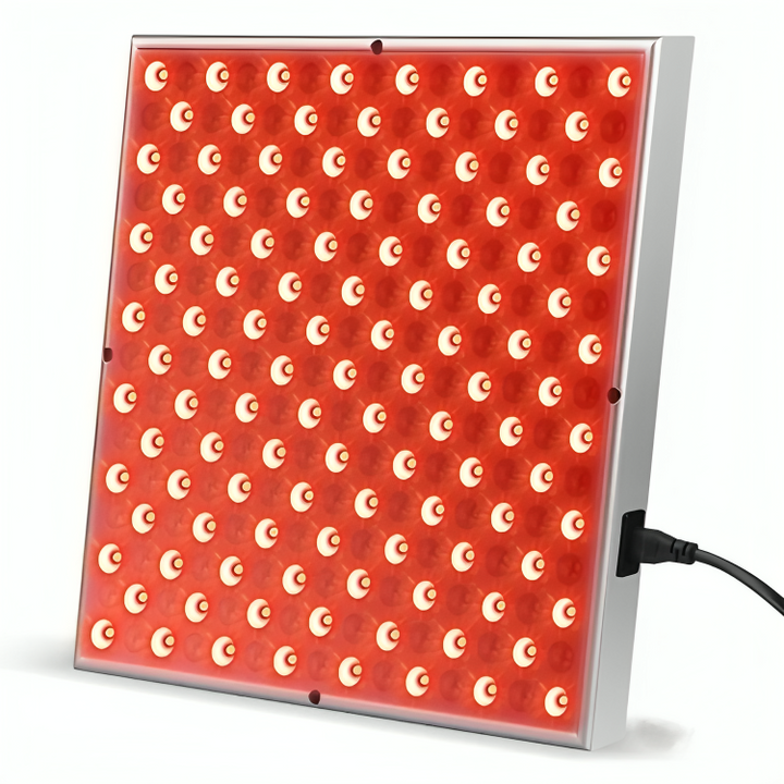 Rødt LED-panel for restitusjon og muskelavslapning. Lindrer rygg- og nakkesmerter med rødlysbehandling.