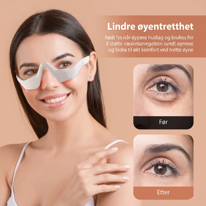 Nærbilde av øyemassasjeapparat som bruker rødlysbehandling for anti-aldring og hudforbedring under øynene.