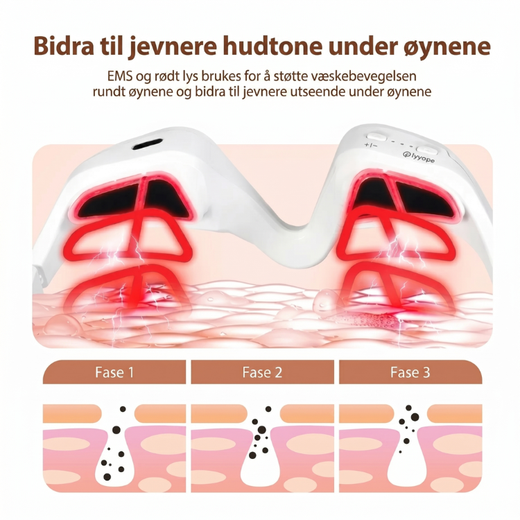 Moderne ansiktspleieapparat for øyne med rødlys og EMS som reduserer fine linjer og forbedrer hudens elastisitet.