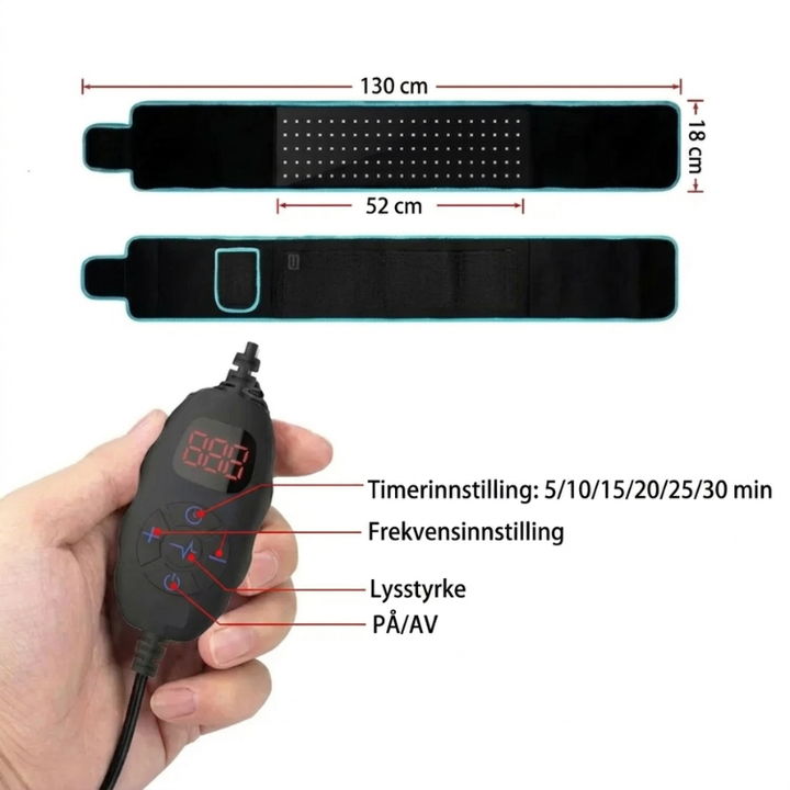 Detaljbilde av InfraRelief rødlysbelte med digital kontroll og fleksibel design for hjemmebehandling.