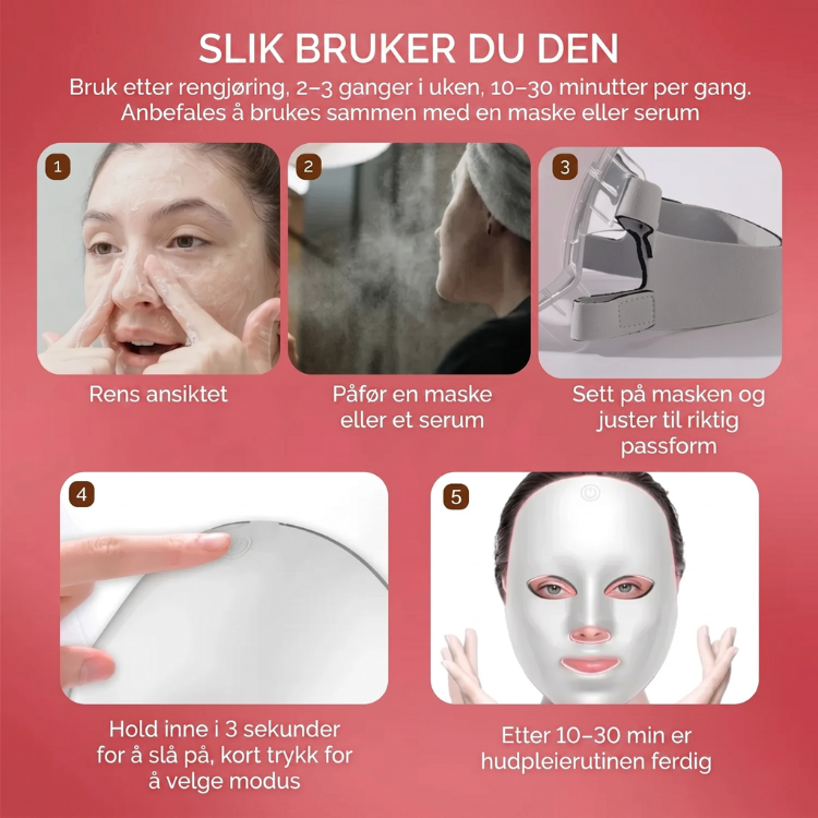 Blått lys fra LED ansiktsmaske mot akne og uren hud, gir renere og sunnere hud.