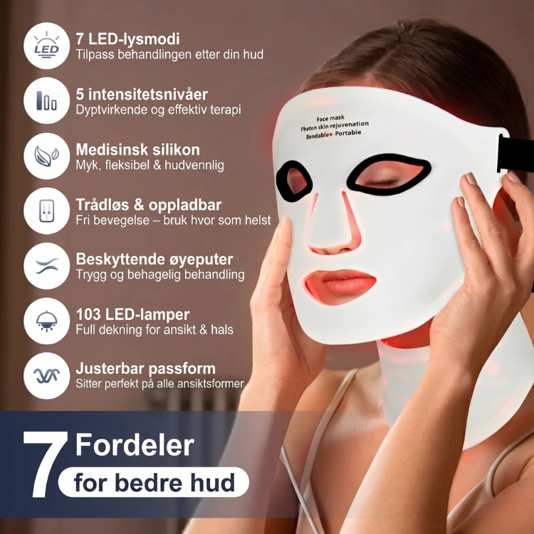 Ergonomisk rødlysmaske i silikon. Optimal for komfortabel hjemmebehandling av ansikt og hals.