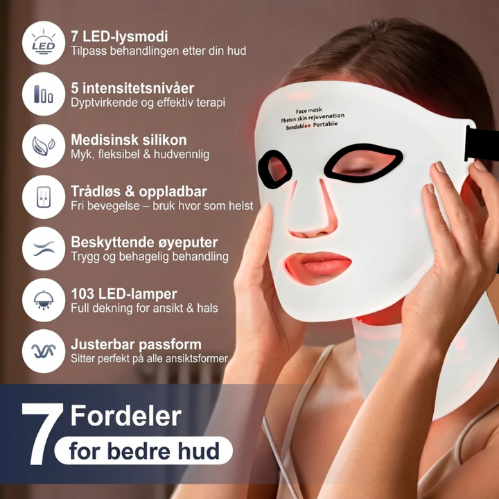 Ergonomisk rødlysmaske i silikon. Optimal for komfortabel hjemmebehandling av ansikt og hals.