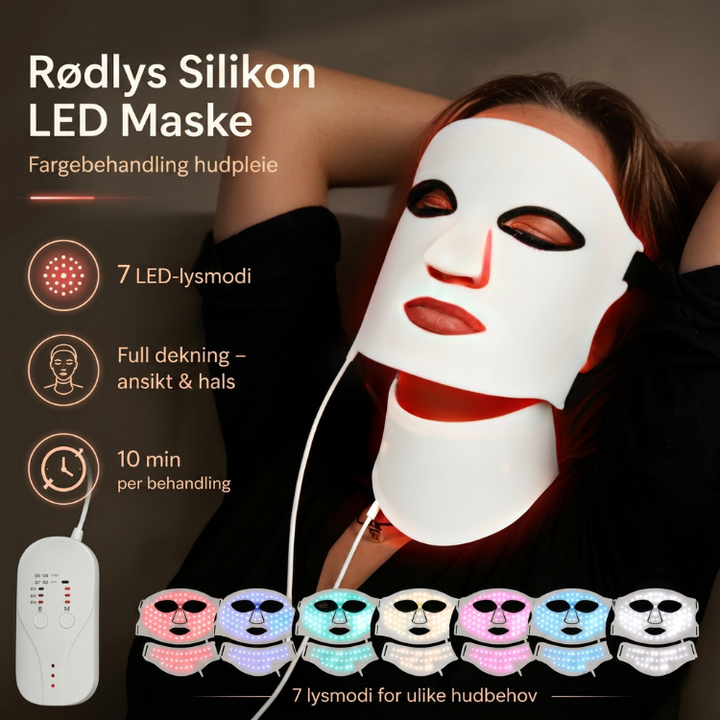 Trådløs LED-maske for ansikts- og halspleie. Profesjonell rødlysterapi mot rynker hjemme.