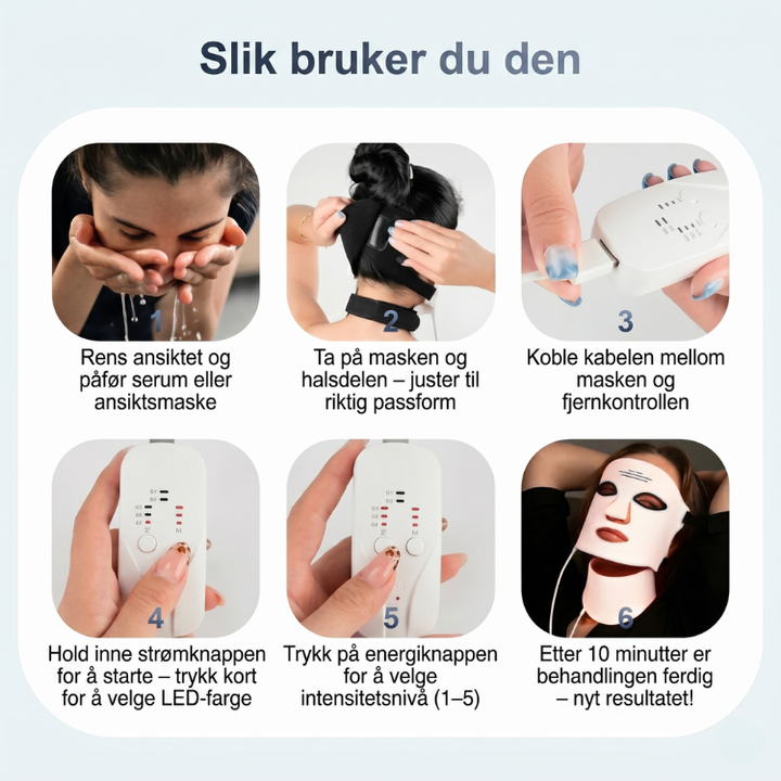 Anti-aldring rødlysmaske for strammere hud og forbedret glød. Ideell for hjemmebehandling.