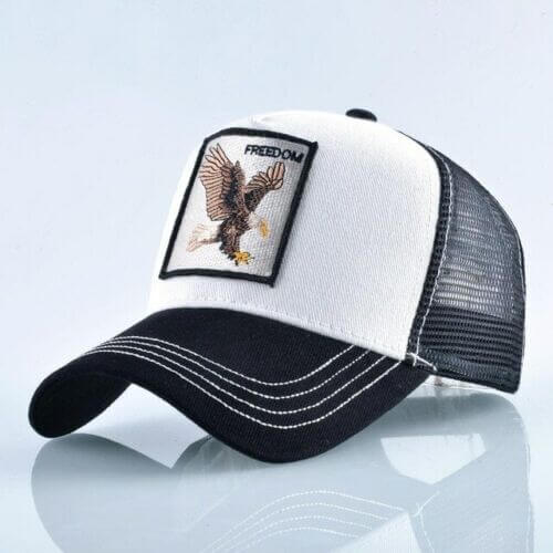 Stilig unisex baseballcap med Frihet ørn-motiv, komfortabel pustende netting. Perfekt streetwear tilbehør.