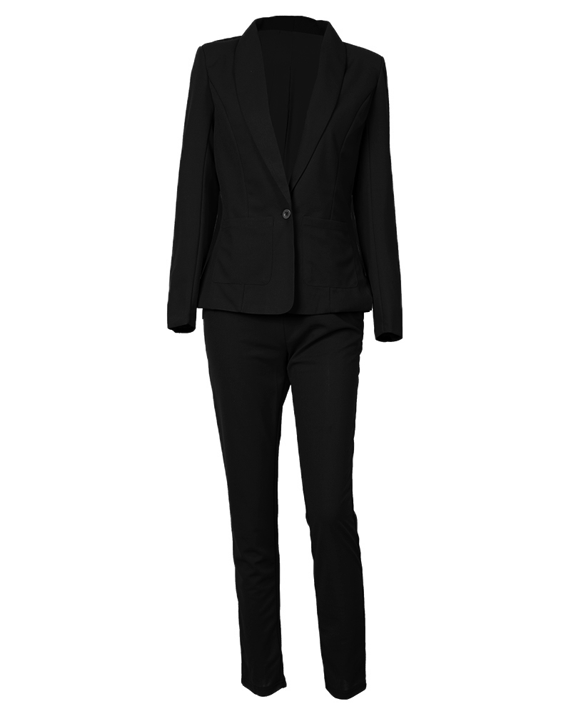 Svart dame blazer-sett med langermet jakke, elegant for business- og fritidsbruk.