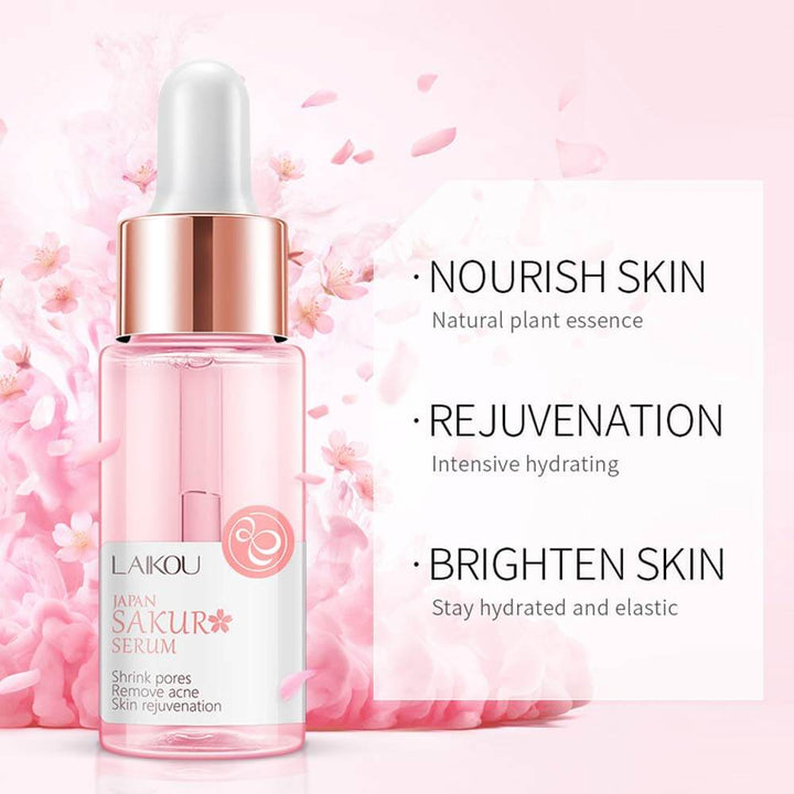 Nærbilde av sakura serum som absorberes, gir fuktighet, glød og minsker porer for sunn hud.