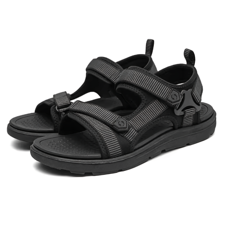 Fotvennlige sommersko i sort med ergonomisk design og støtdempende komfort, perfekt for lange dager ute.