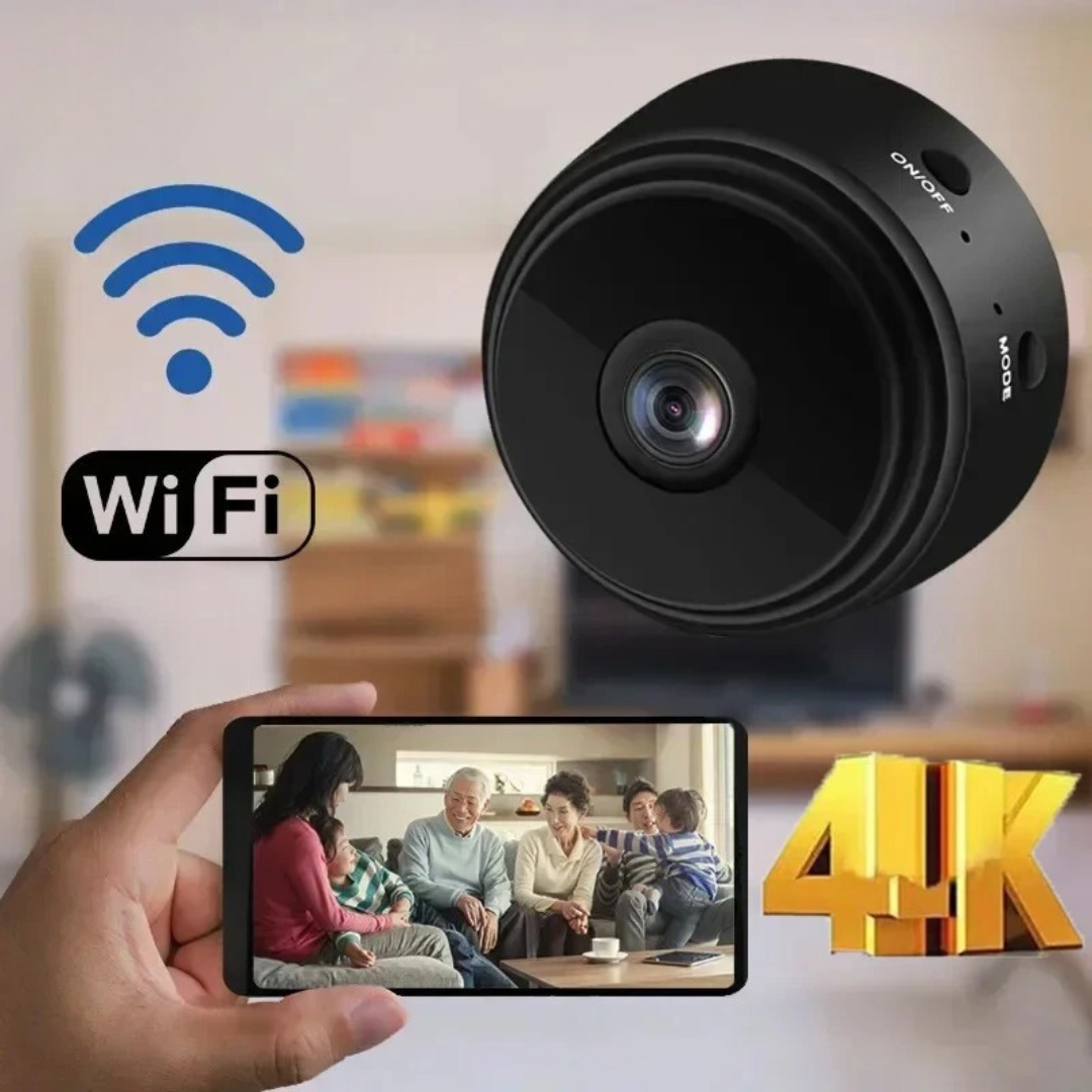 Pakke med et lite trådløst HD WiFi sikkerhetskamera, lader og monteringsutstyr for hjemmet.