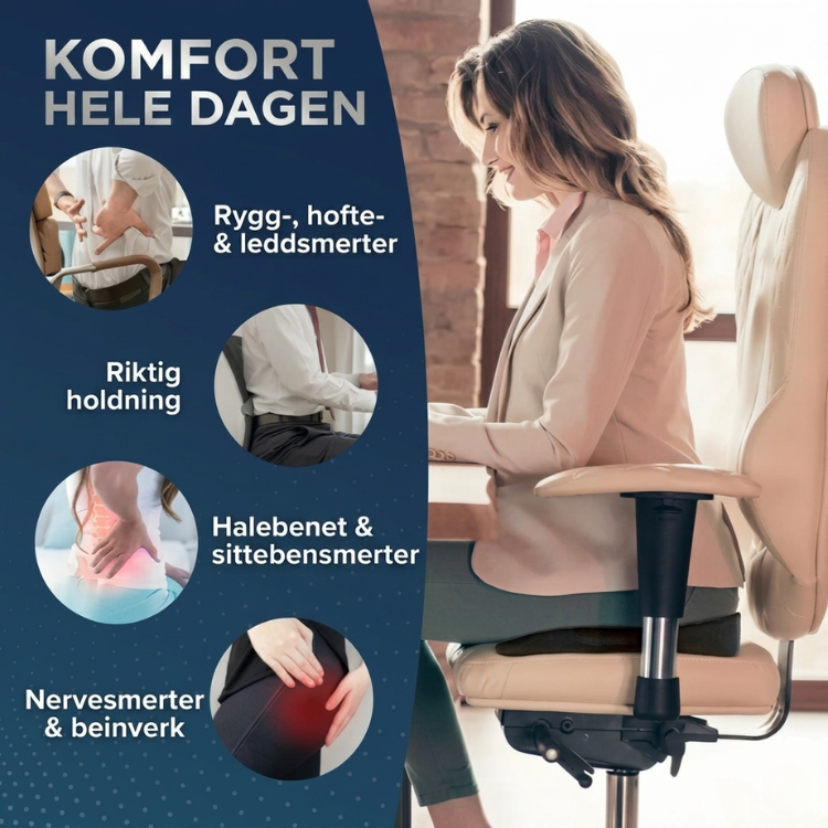 Komfortabel ergonomisk sittepute til kontorstol, gir ryggstøtte og avlaster haleben.