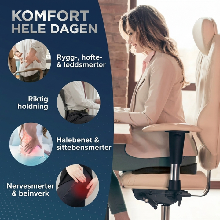 Komfortabel ergonomisk sittepute til kontorstol, gir ryggstøtte og avlaster haleben.