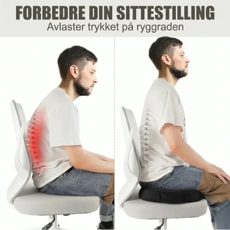 Ergonomisk sittepute designet for optimal sittestilling, støtter ryggrad og haleben effektivt.