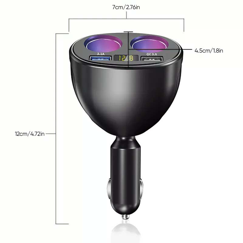 Optimaliser billading med denne roterbare USB-laderen. To porter og display for bilbatterispenning.