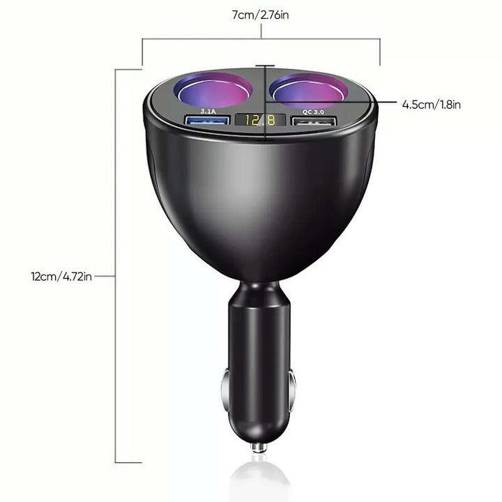 Optimaliser billading med denne roterbare USB-laderen. To porter og display for bilbatterispenning.
