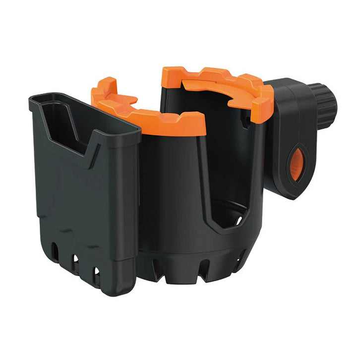 Svart universell holder for brusflaske og mobil. Perfekt til rullestol, sykkel eller barnevogn.