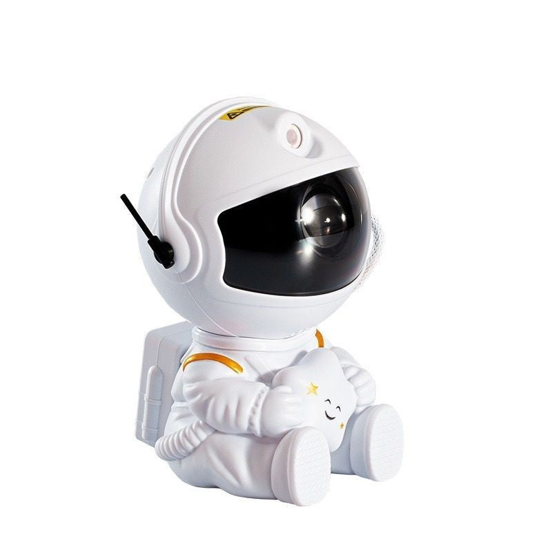 Hvit astronaut projektor med basestativ, klar til å lyse opp rommet.