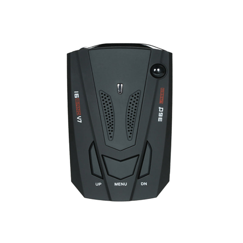 Kompakt bil hastighetsdetektor, svart enhet med skjerm og knapper. Radar & laser varsler.