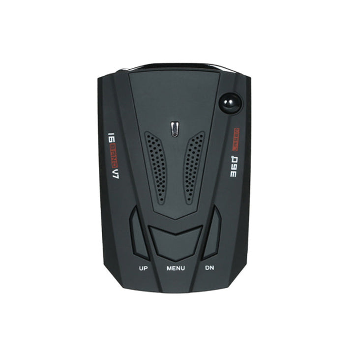 Kompakt bil hastighetsdetektor, svart enhet med skjerm og knapper. Radar & laser varsler.