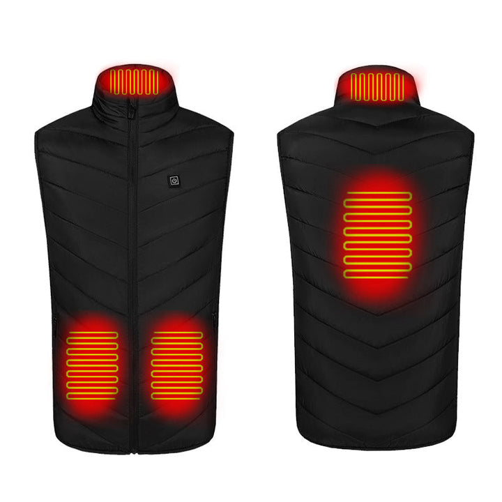 Nærbilde av glidelås og sømmer på en robust unisex oppvarmet vest.
