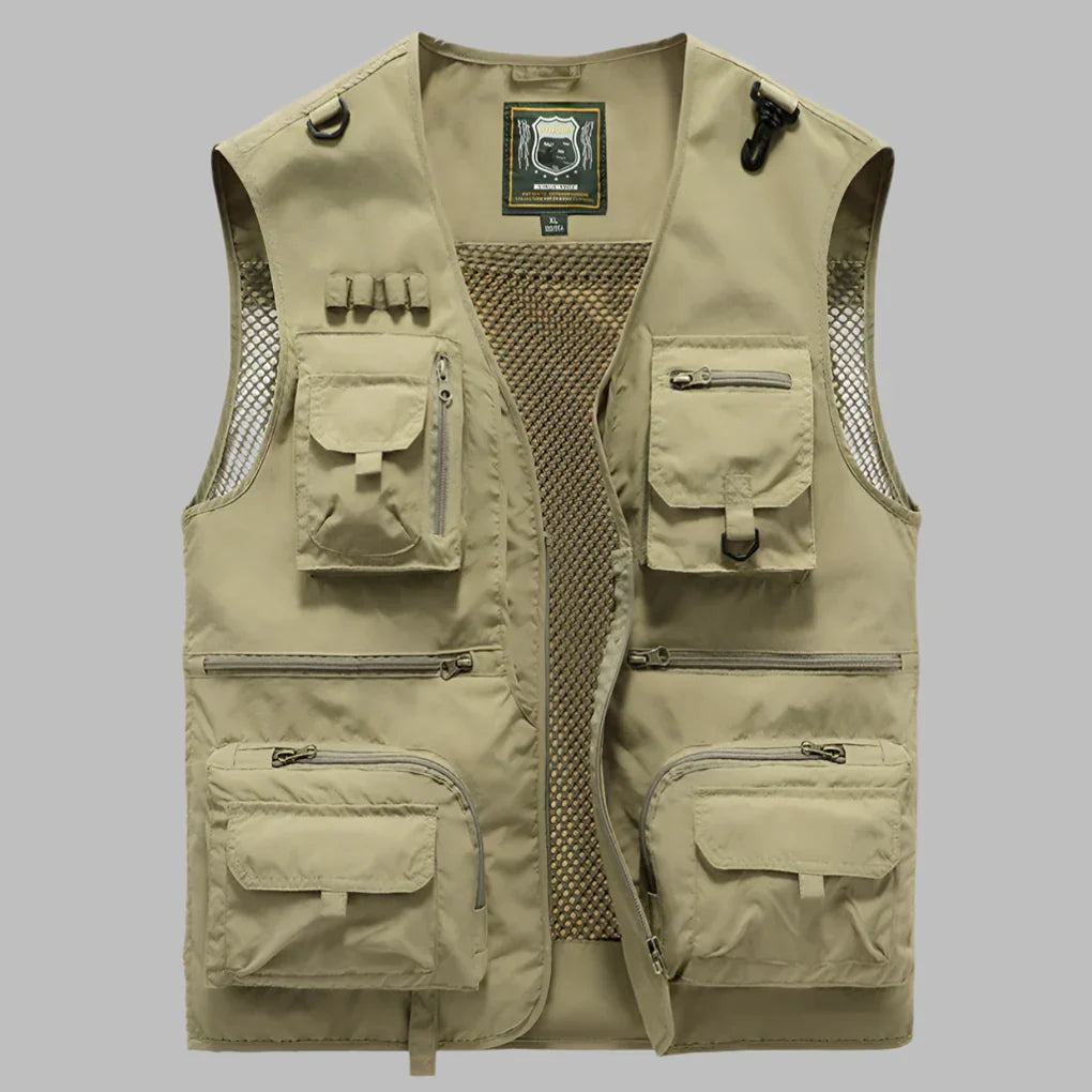 Sporty herre sommer vest med mange lommer, pustende og vannavstøtende. Utmerket for utendørsaktiviteter og reiser.
