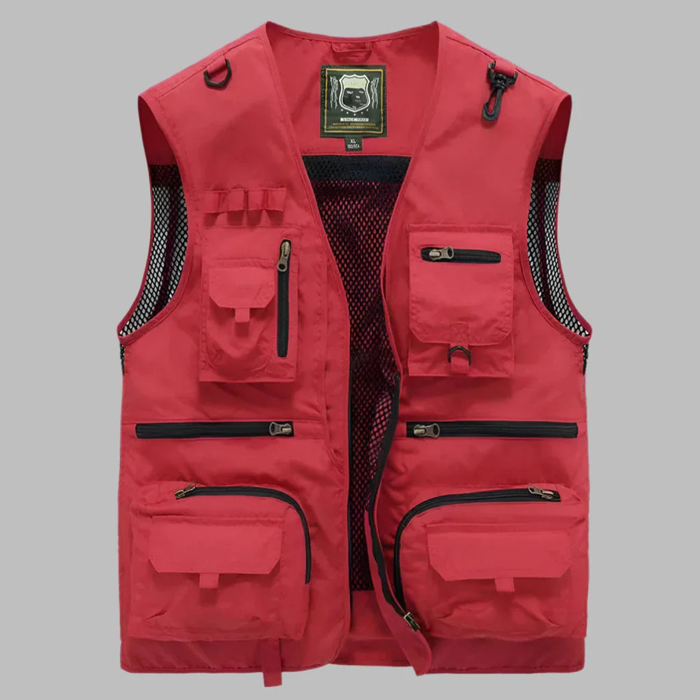 Herre flerlommet sommer vest i khaki, perfekt for fritid, reise og utendørsaktiviteter. Pustende, funksjonell design.