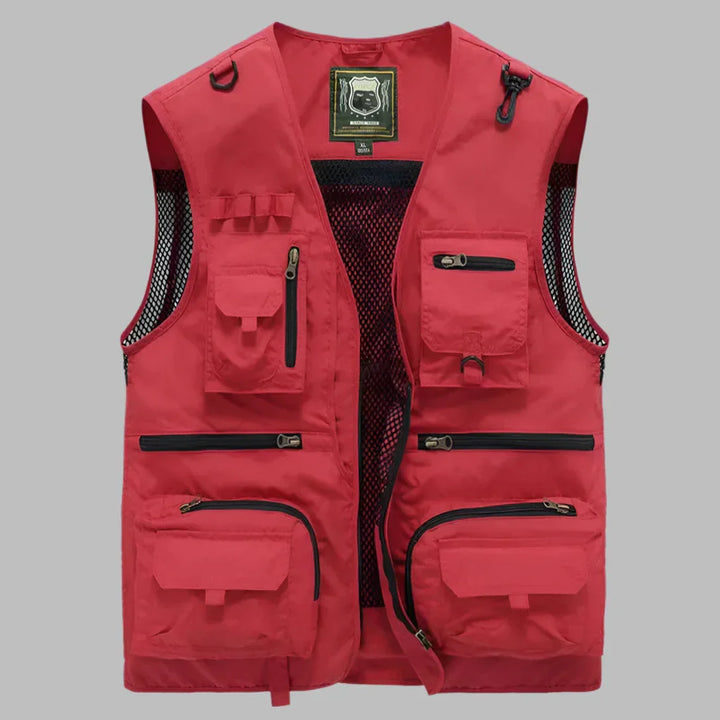Herre flerlommet sommer vest i khaki, perfekt for fritid, reise og utendørsaktiviteter. Pustende, funksjonell design.