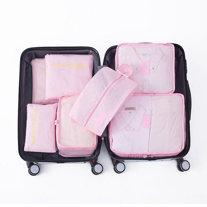 Optimalisert pakkeløsning: 6/7 delers oppbevaringssett for klær og reise. Vanntett polyester.