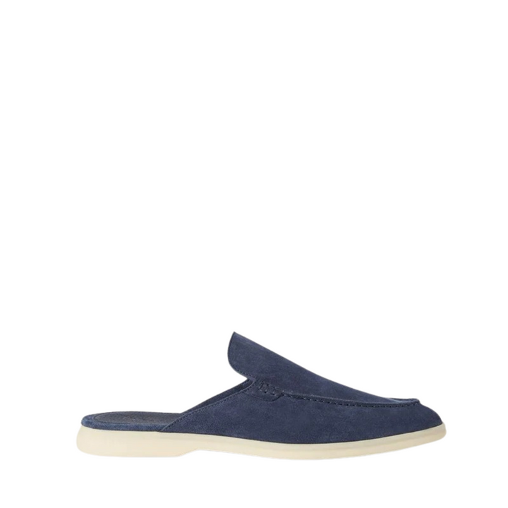 Formelle mørkeblå herresko, slip-on loafers i semsket skinn for en elegant og sofistikert stil.