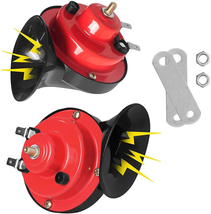 Universal elektrisk lufthorn i hånden. Viser størrelse på 12V sneglehorn for bil & kjøretøy, robust design.